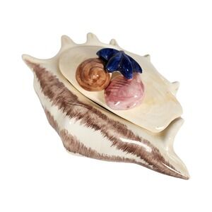 Vintage Ceramic Conch Shell Trinket Box with Starfish‎ Lid Coastal Decor 6.5"